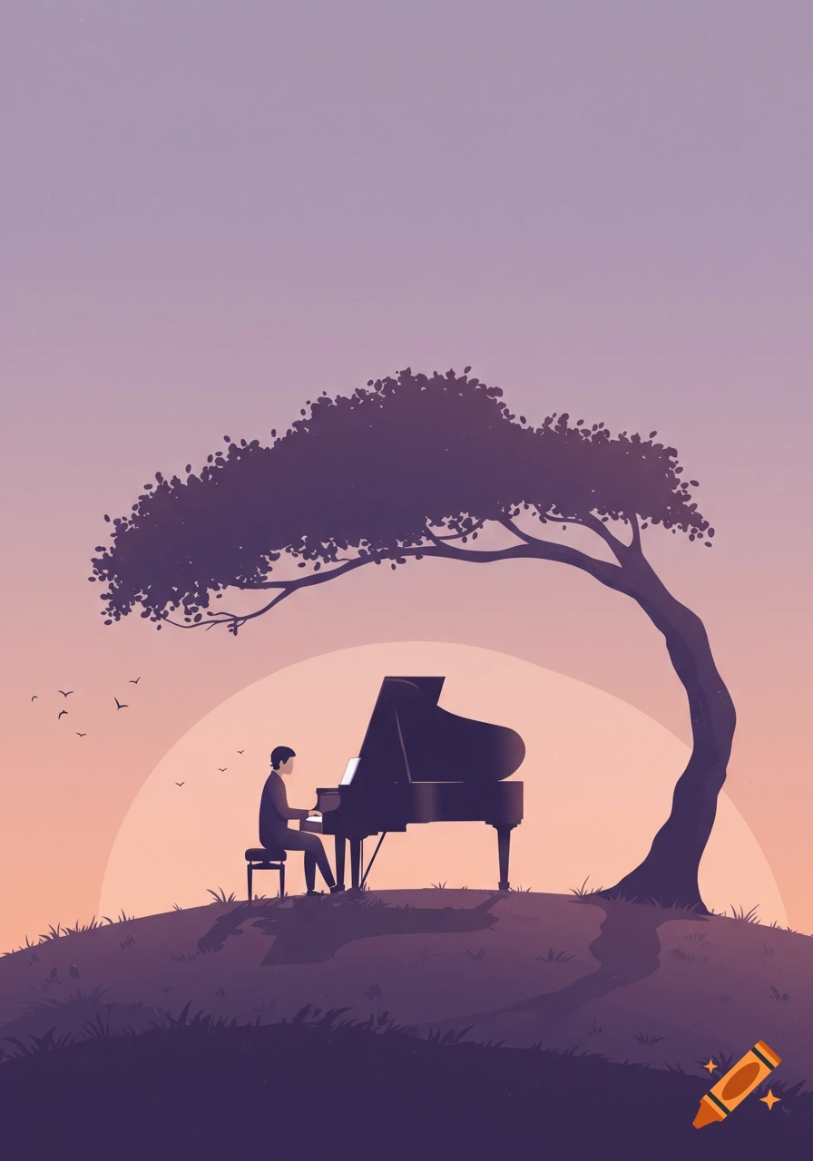 A person plays a grand piano on a purple hill under a large tree at sunset, in a cel-shaded Japanese art style.