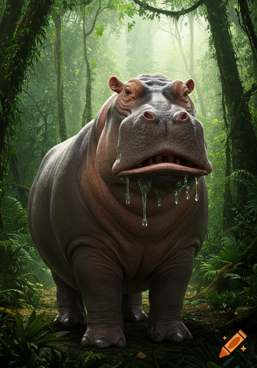 A large, grey, ape-faced hippo with slimy lips drips liquid, standing in a lush, green jungle environment.