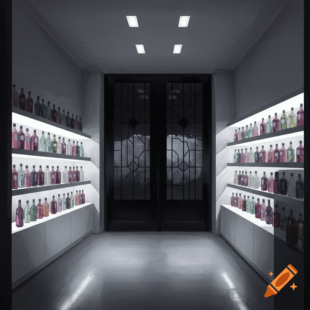 A dimly lit room with shelves of colorful bottles lining white walls, leading to two ornate black stained glass doors.