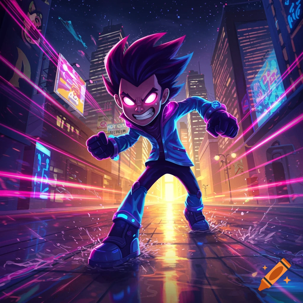 A stylized cartoon character with glowing pink eyes and spiky purple hair in a neon-lit futuristic city at night.