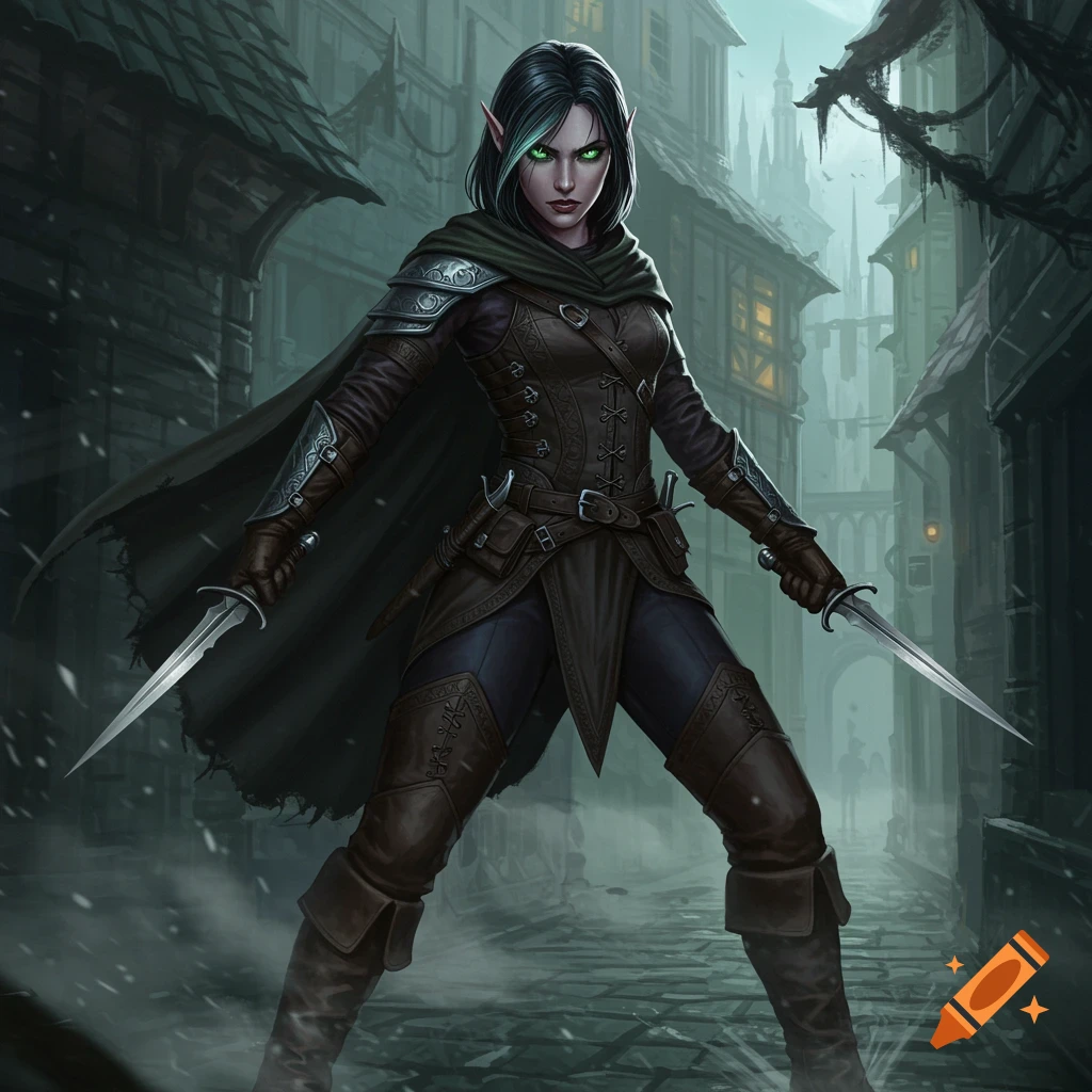 A dark-haired female elf with glowing green eyes and pointed ears, wearing brown leather armor, holds two daggers in a dark, snowy city alley.
