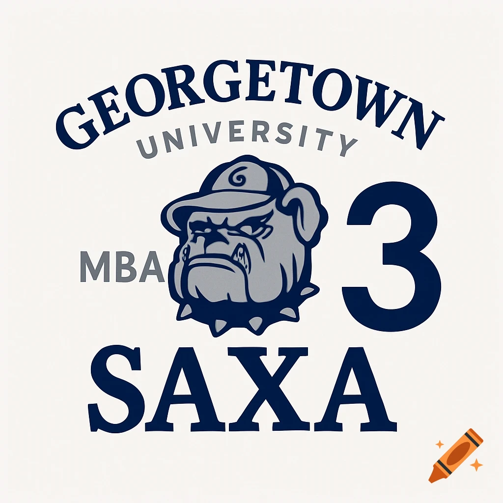 Georgetown University logo with a bulldog mascot, 'MBA', '3', and 'SAXA' text.
