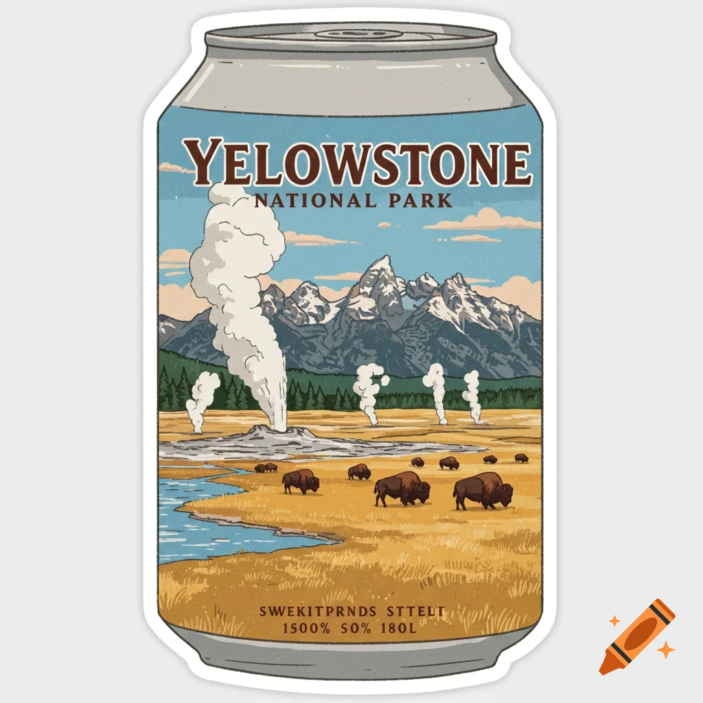 A stylized sticker depicting a beer can with a Yellowstone National Park theme, featuring a geyser, mountains, bison, and a river.