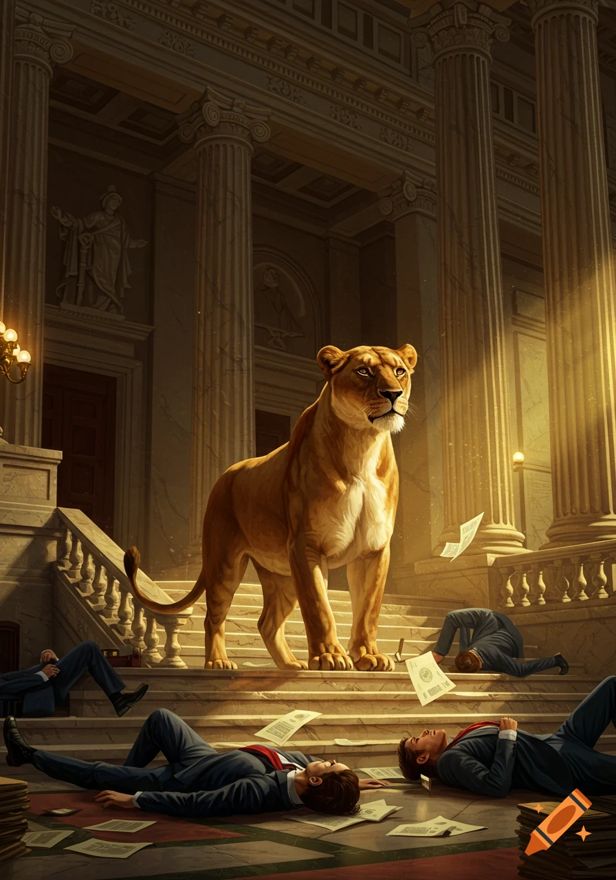 A large lioness stands on a grand marble staircase, with several men in suits lying defeated on the floor in a classical building.