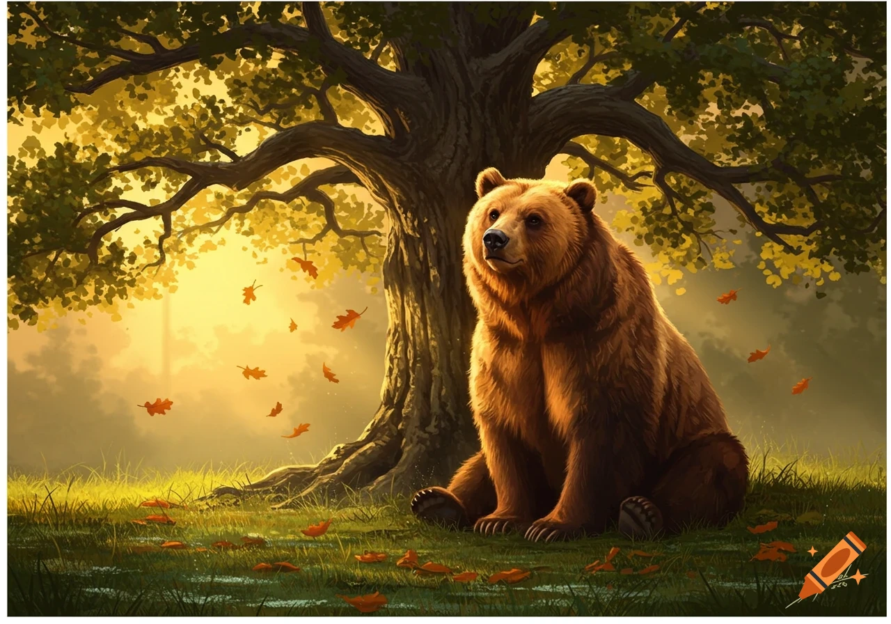 A brown bear sits under a large oak tree with falling autumn leaves, bathed in golden sunlight.