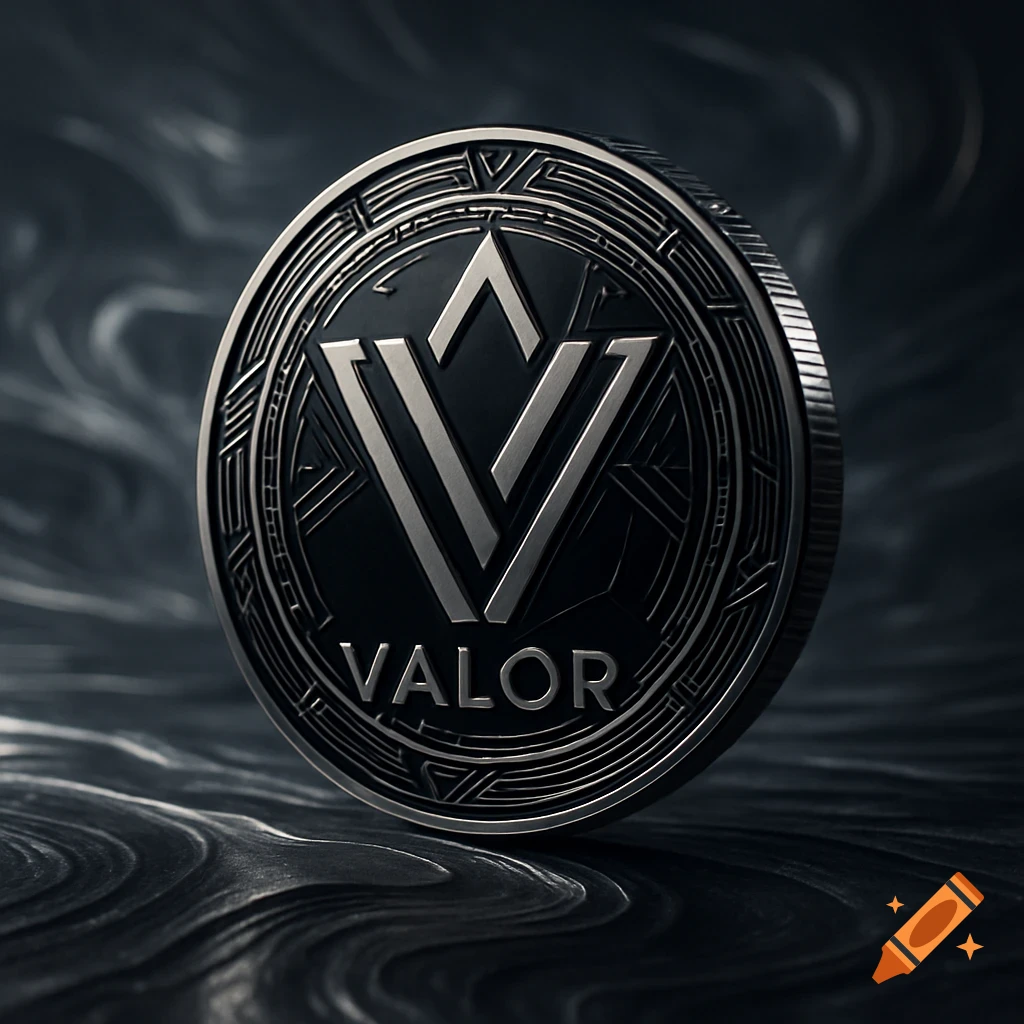 A sleek, black and silver coin with a stylized 'V' symbol and the word 'VALOR' embossed on its surface, resting on a dark, textured background.