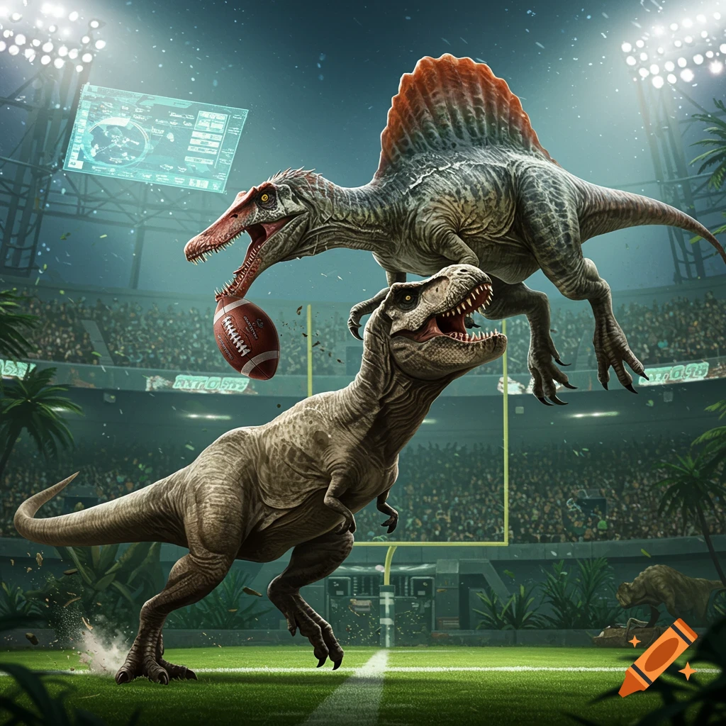 A Spinosaurus jumps to catch a football over a T-Rex on a football field in a stadium.