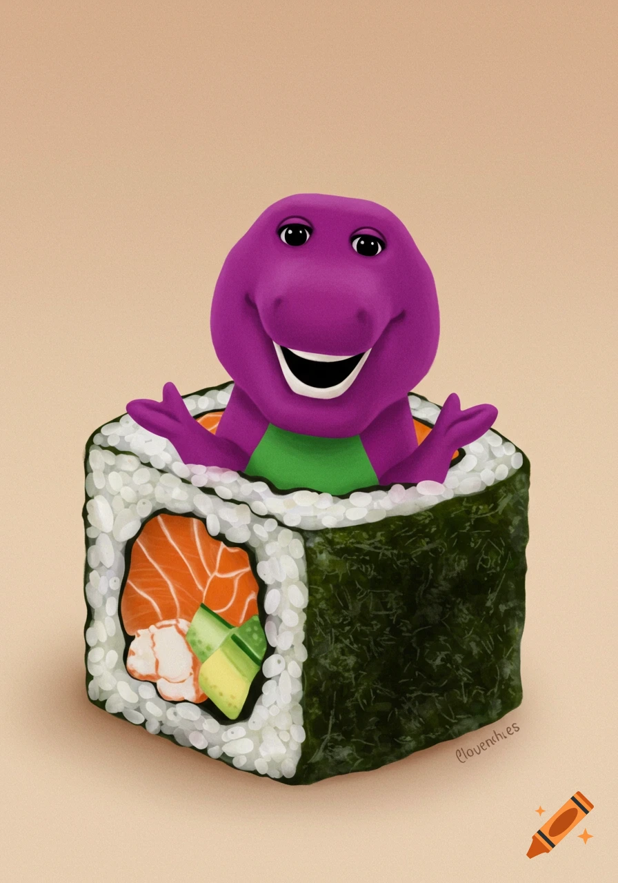 A cartoon illustration of Barney the purple dinosaur emerging from the top of a large sushi roll filled with salmon and avocado.