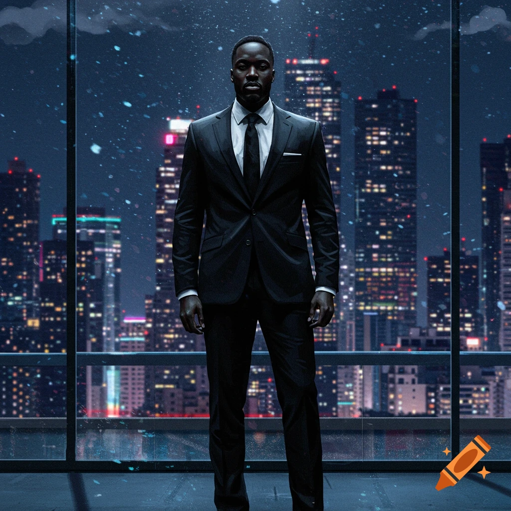 A man in a black suit stands in front of a large window overlooking a bustling city at night with falling snow.