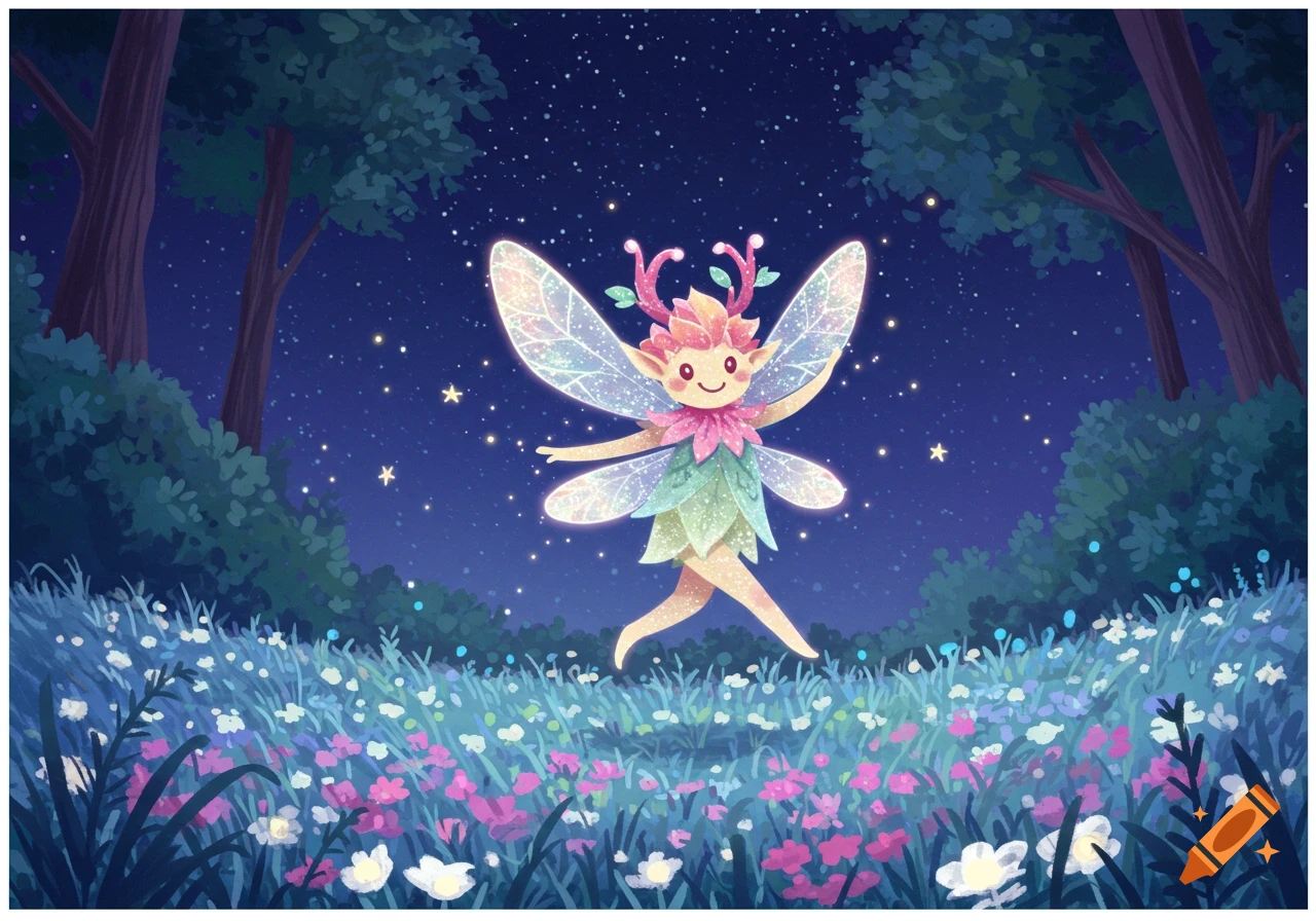 A cute, cartoon fairy with glowing wings stands in a magical forest at night, surrounded by colorful flowers and sparkling stars.
