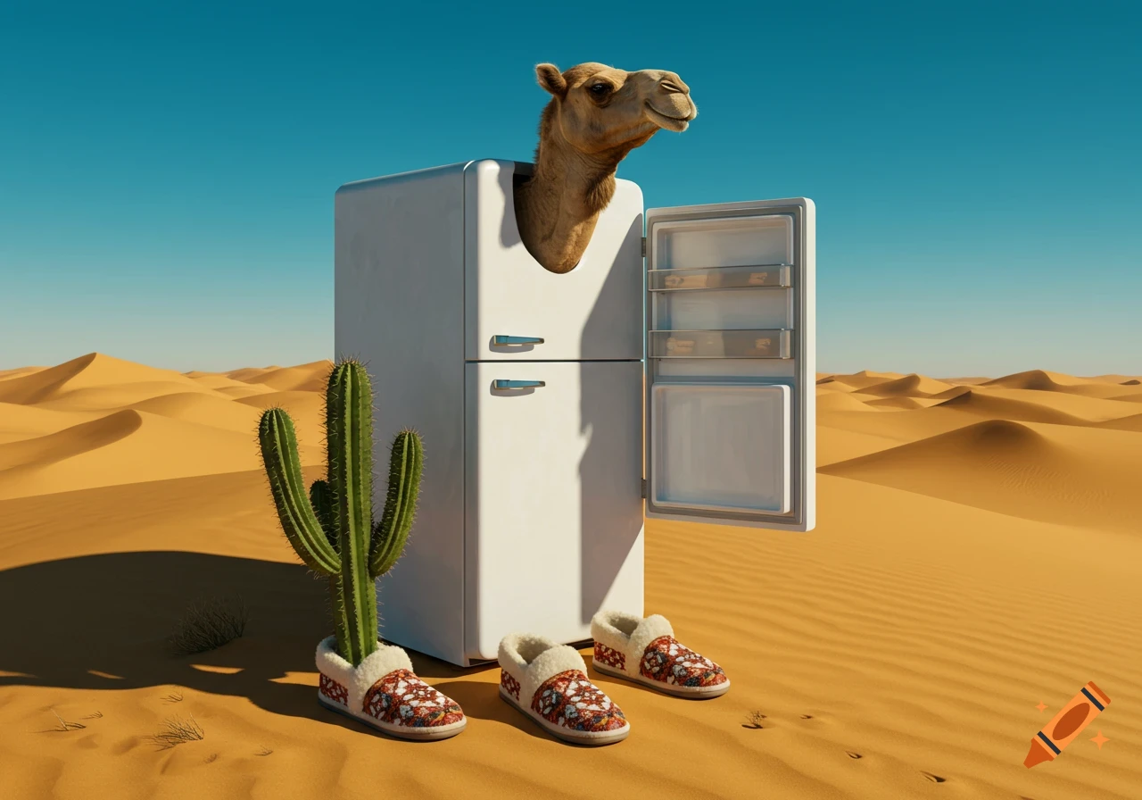 A white refrigerator with a camel head, a cactus in a slipper, and two other slippers stand in a vast desert landscape.
