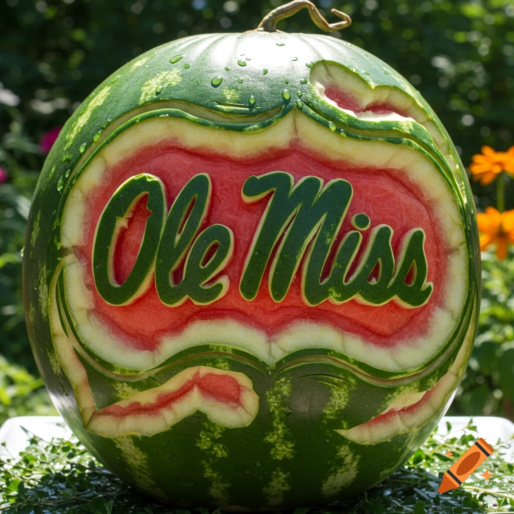 A photorealistic image of a watermelon carved with "Ole Miss" in green letters, showing the red flesh, water droplets, and green outdoor background.