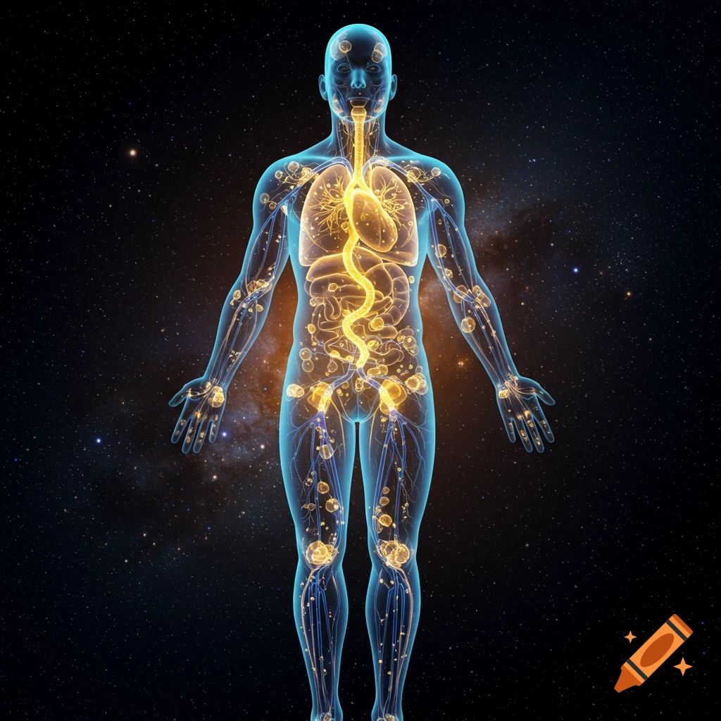 A glowing blue translucent human body with internal organs highlighted in orange against a starry cosmic background.