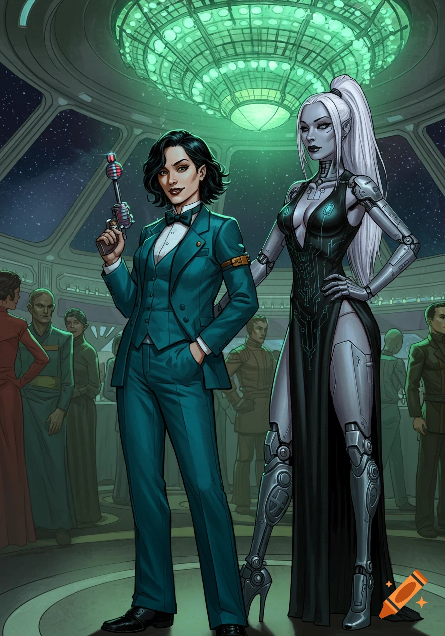 Two striking women, one in a teal suit holding a raygun and a robot in a black gown, stand in a retro-futuristic sci-fi ballroom.