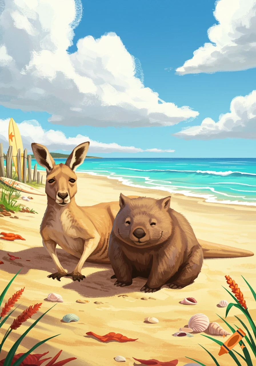 A happy kangaroo and a smiling wombat sitting on a sandy beach with blue ocean waves and a clear sky, in a vibrant illustration style.