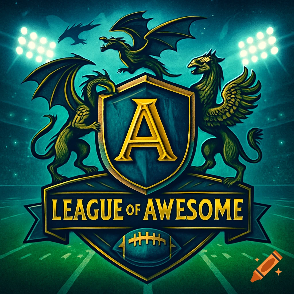 A fantasy football league logo with dragons, a griffin, a shield displaying an 'A', and text 'LEAGUE OF AWESOME' on a football field background.