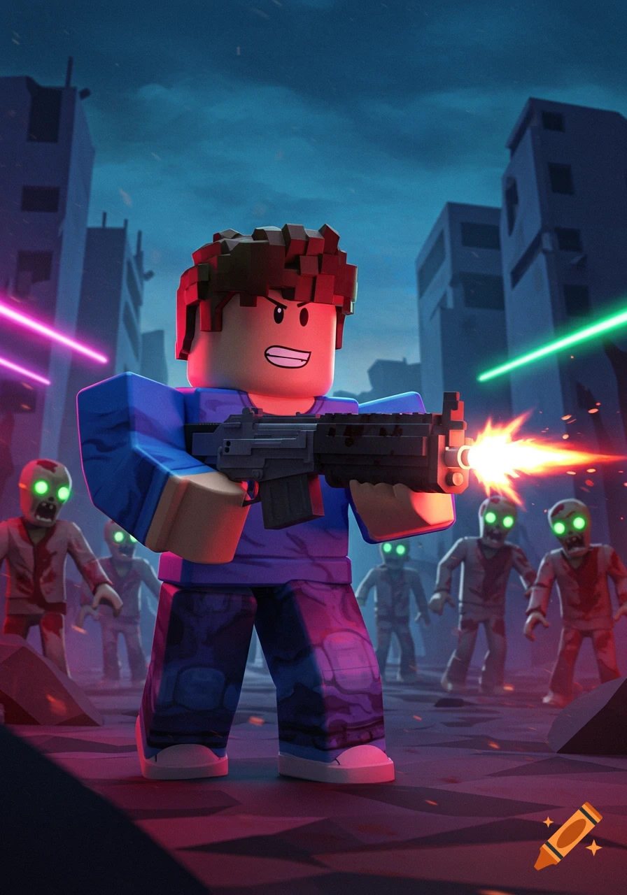 A Roblox character in a blue shirt and camouflage pants fires a rifle at a group of zombies in a dark, ruined city.