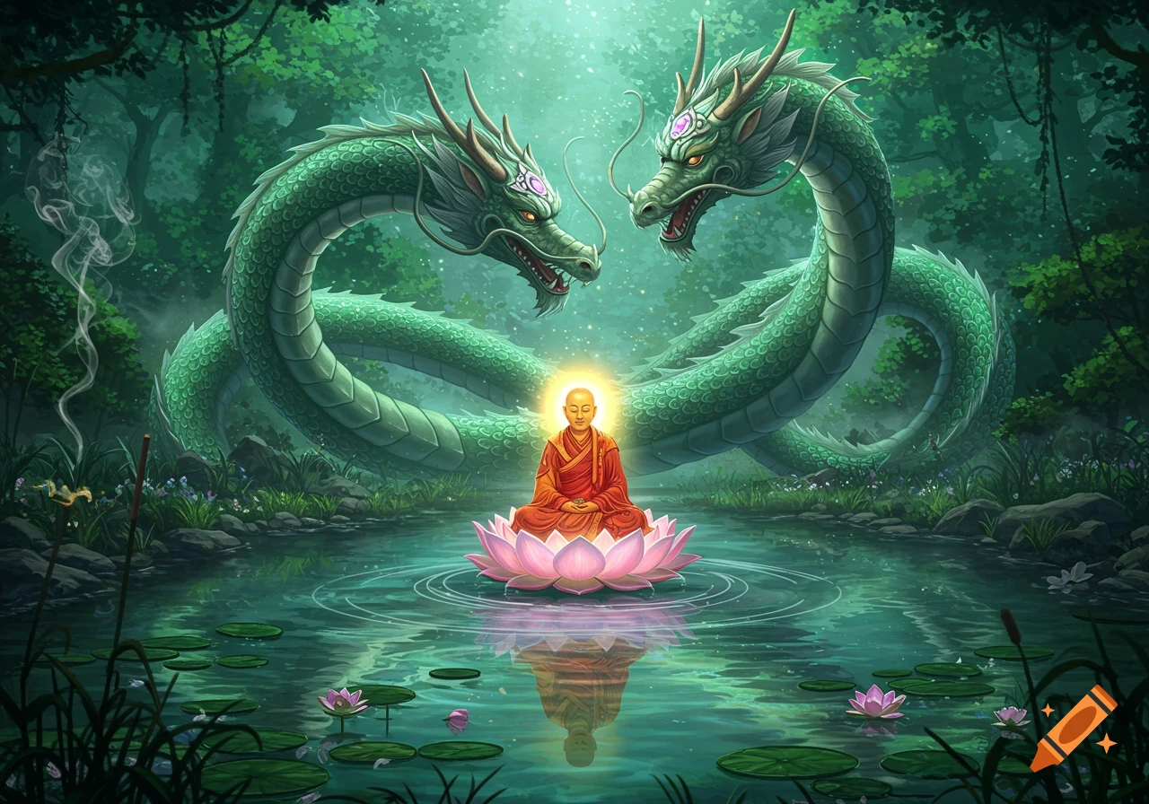 A serene illustration of a meditating Buddha on a lotus flower in a pond, flanked by two large green dragons in a mystical forest.