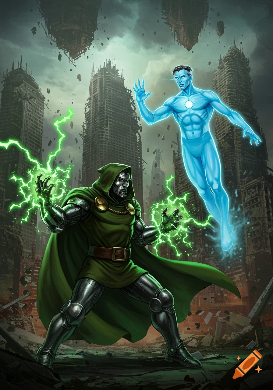 Doctor Doom (in green and metal armor) casts green lightning at a glowing blue Doctor Manhattan floating above, in a destroyed city with crumbling buildings.