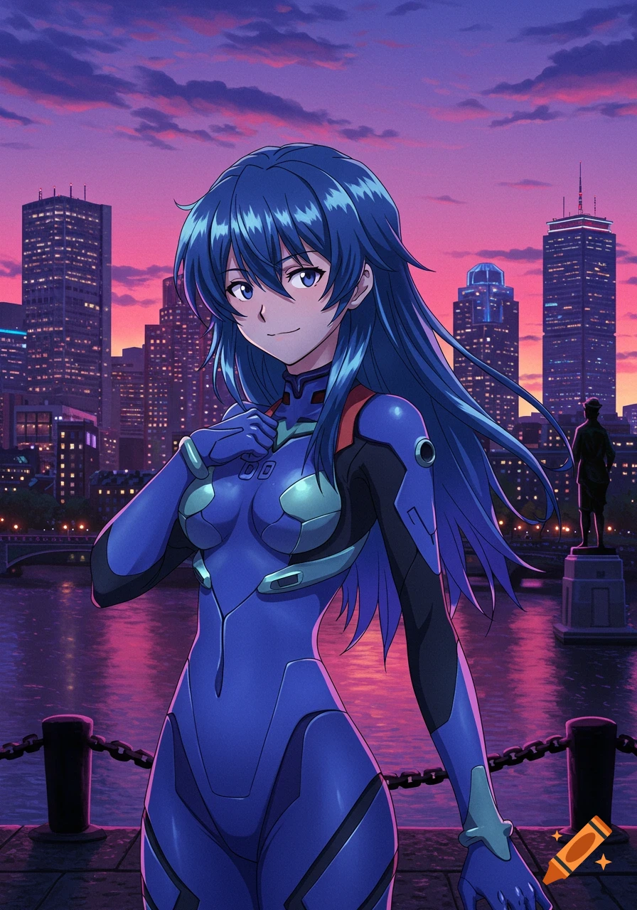 Anime girl with blue hair in a blue suit stands by a river with a city skyline at sunset.