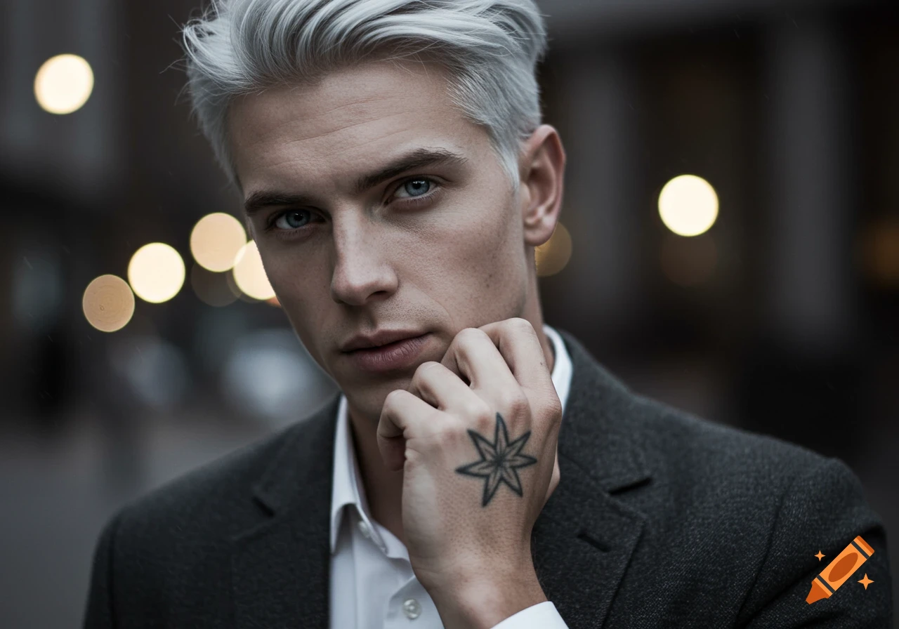 A handsome man with silver hair and blue eyes, wearing a suit, looks directly at the camera, with a star tattoo on his hand.