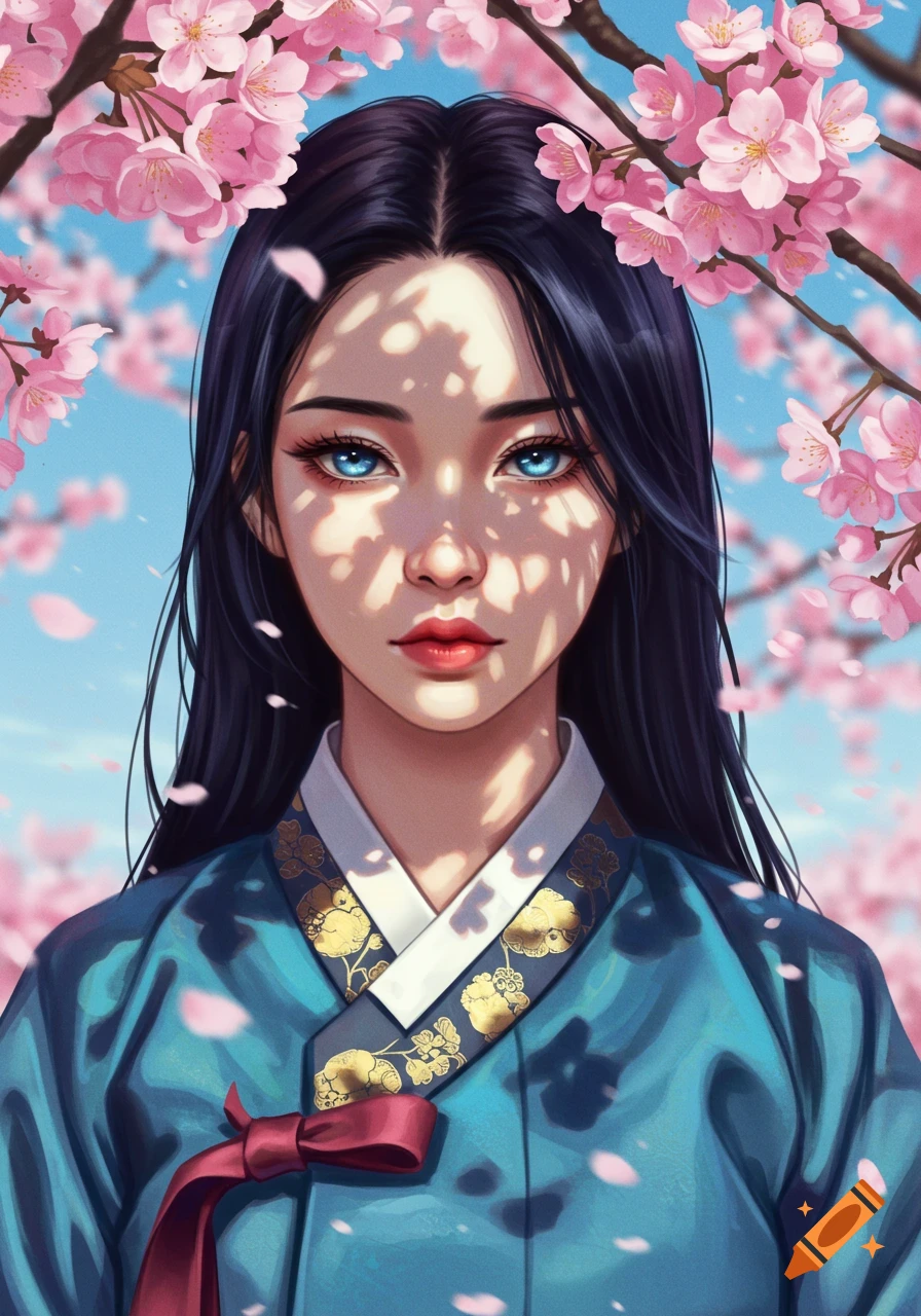 Stylized illustration of an Asian woman in traditional attire, with dark hair and blue eyes, under pink cherry blossoms with dappled sunlight.