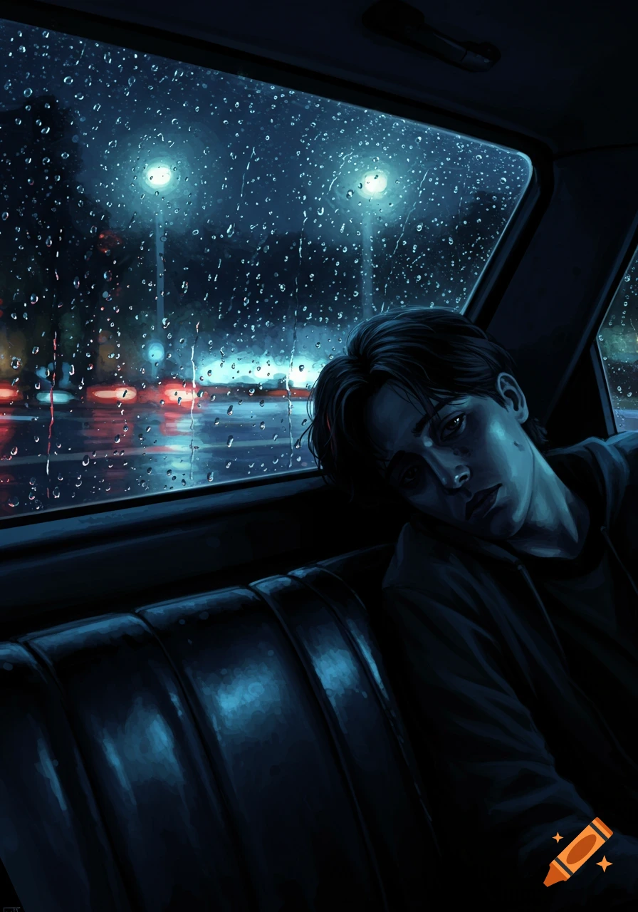A moody digital art illustration of a young man in the back seat of a car, looking out a rainy window at night with blurred city lights.