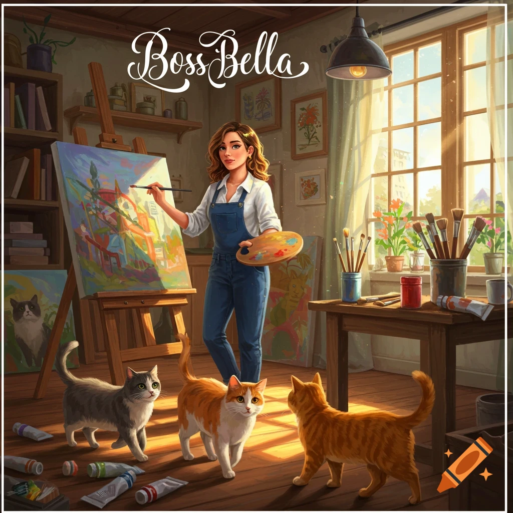 A woman in overalls paints on an easel in an art studio, surrounded by three cats, with the text 'Boss Bella' at the top.