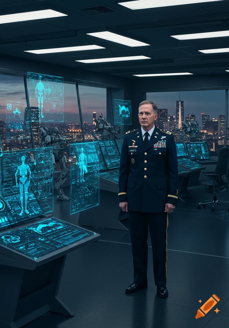 A US Army general stands in a futuristic control room with holographic displays showing human and robot schematics, overlooking a city at dusk.