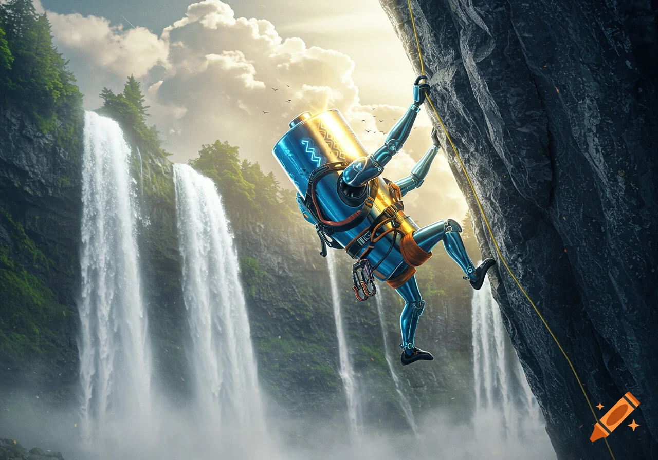 A metallic battery-robot, wearing a harness, skillfully rock climbs a steep, dark cliff face, with bright waterfalls and lush green trees in the background under a sunny sky.