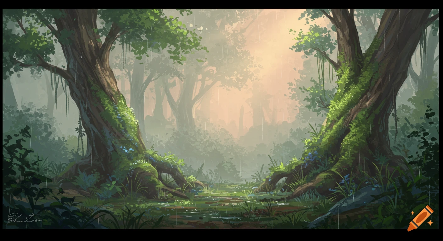A lush, misty forest scene with two large moss-covered trees, light shining through soft morning rain.