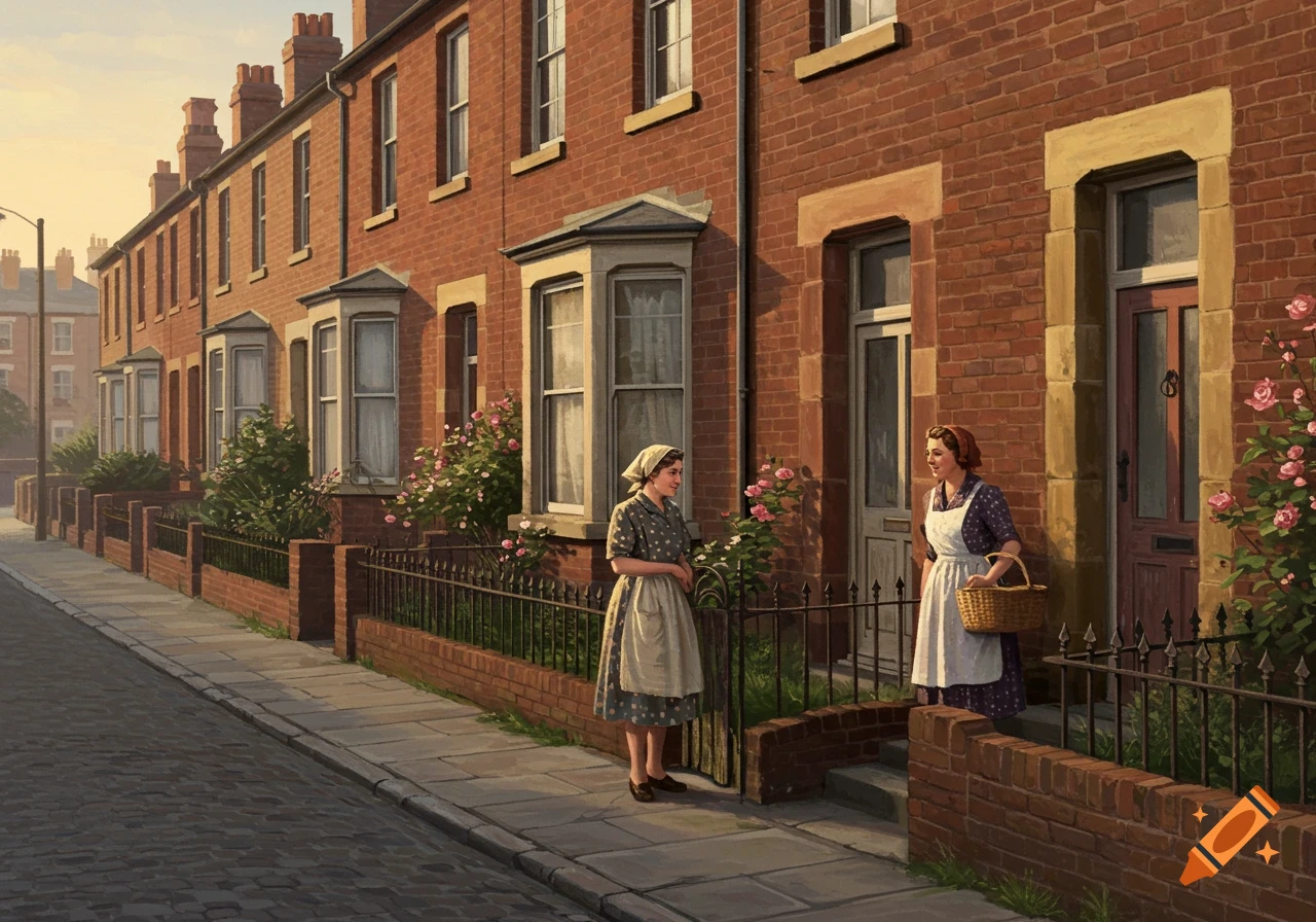 Two women in vintage attire chat on a sidewalk in front of red brick terraced houses with rose bushes, painted style.