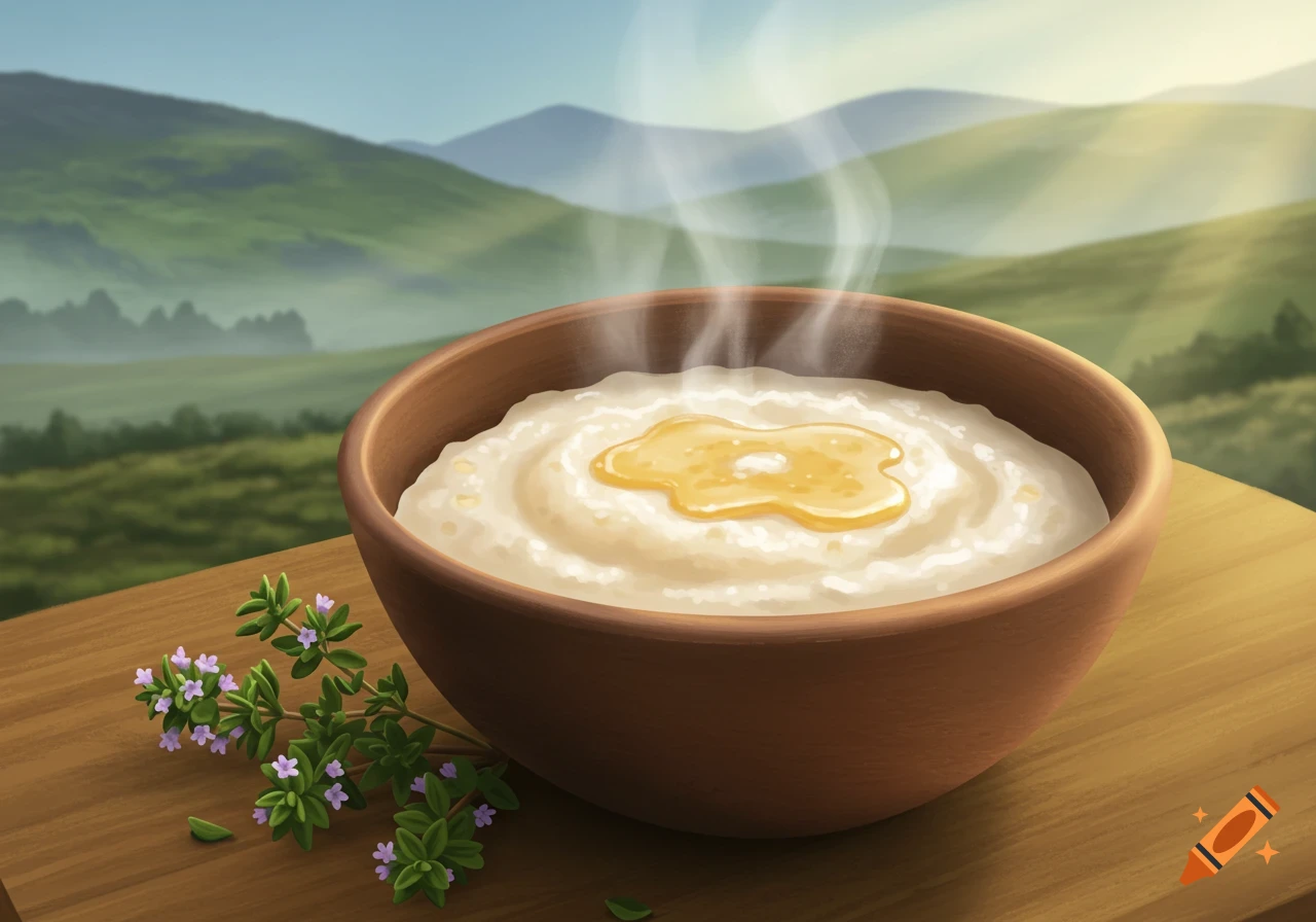 Steaming bowl of porridge with honey and a thyme sprig on a wooden table, overlooking sunny Scottish Highlands.