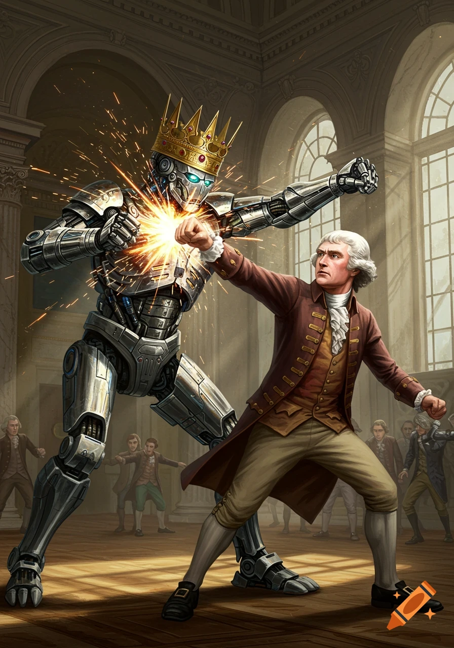 Digital illustration of Thomas Jefferson punching a crown-wearing robot, causing sparks, in a grand hall with other historical figures.