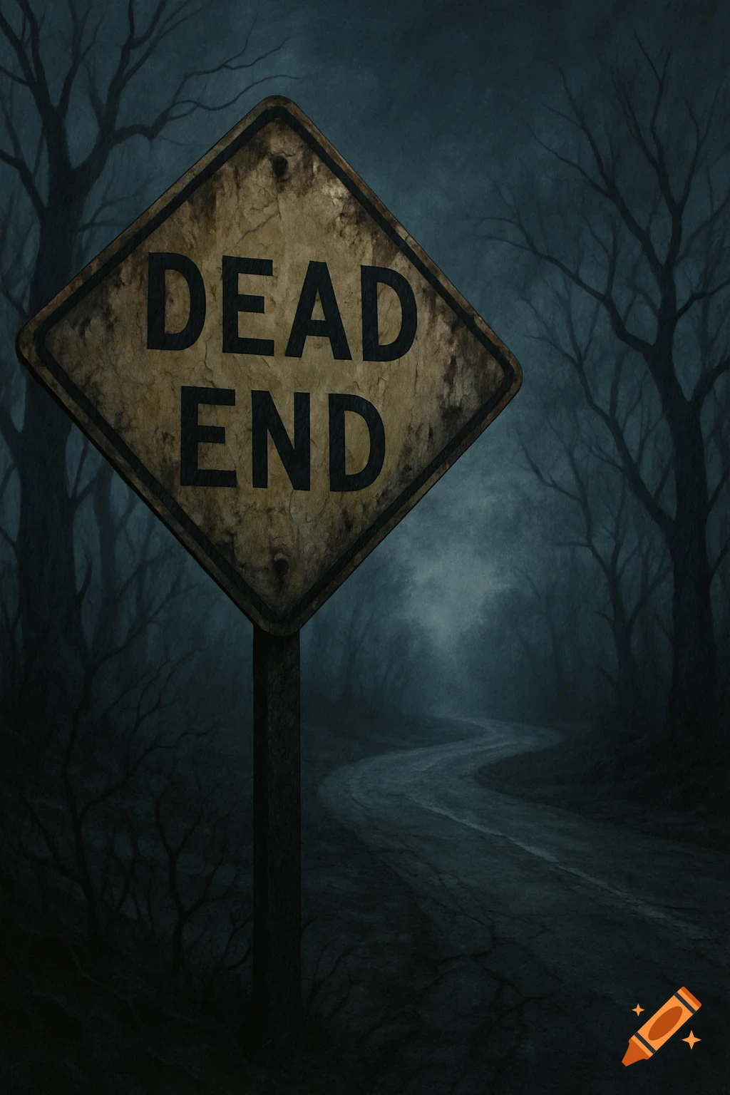 A weathered 'DEAD END' sign stands in a dark, foggy forest with a winding path disappearing into the mist.