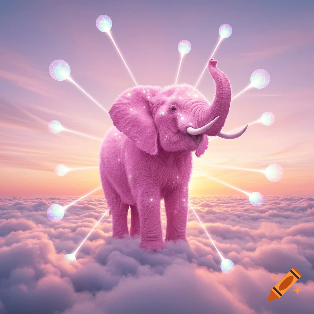 A vibrant pink, fluffy elephant stands on clouds, bathed in golden light, with glitter and light rays shooting from it.