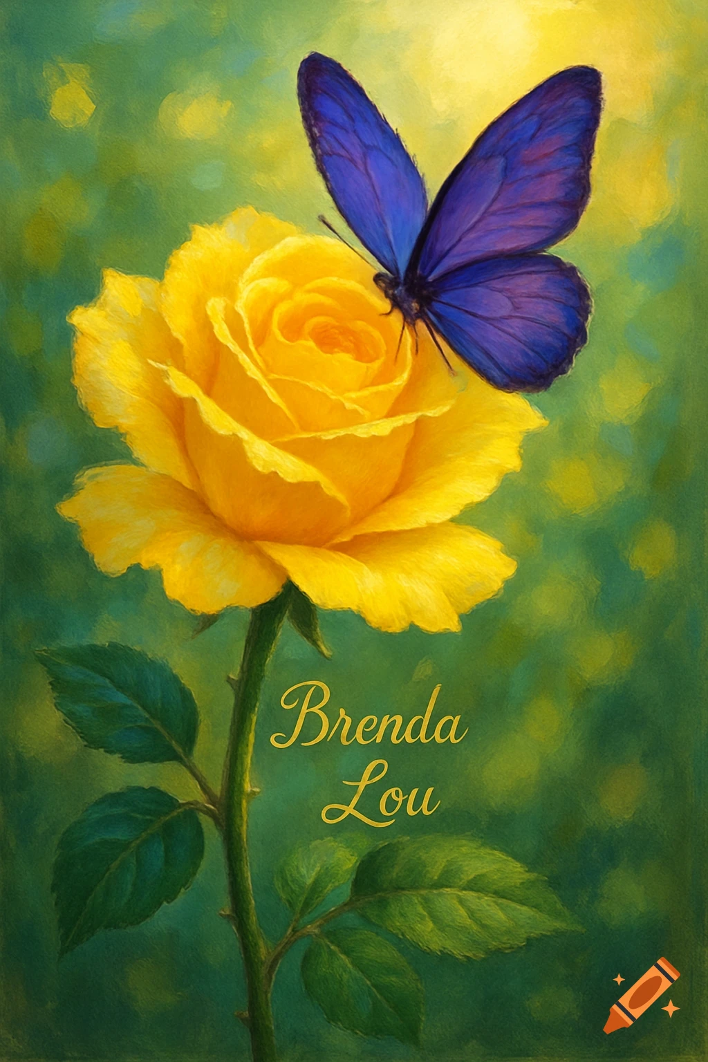 A vibrant yellow rose with a purple butterfly resting on it, and the name Brenda Lou on its stem, in a painterly style.