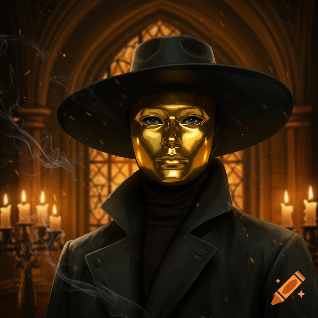 A mysterious figure in a shiny golden mask and wide-brimmed black hat stands in a dimly lit, candlelit gothic hall.