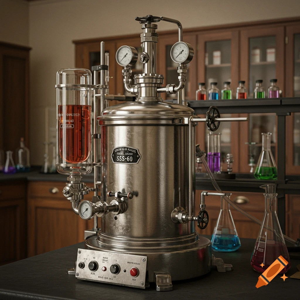 A vintage-style stainless steel scientific apparatus with gauges and pipes in a chemistry lab, with beakers of colorful liquids in the background.
