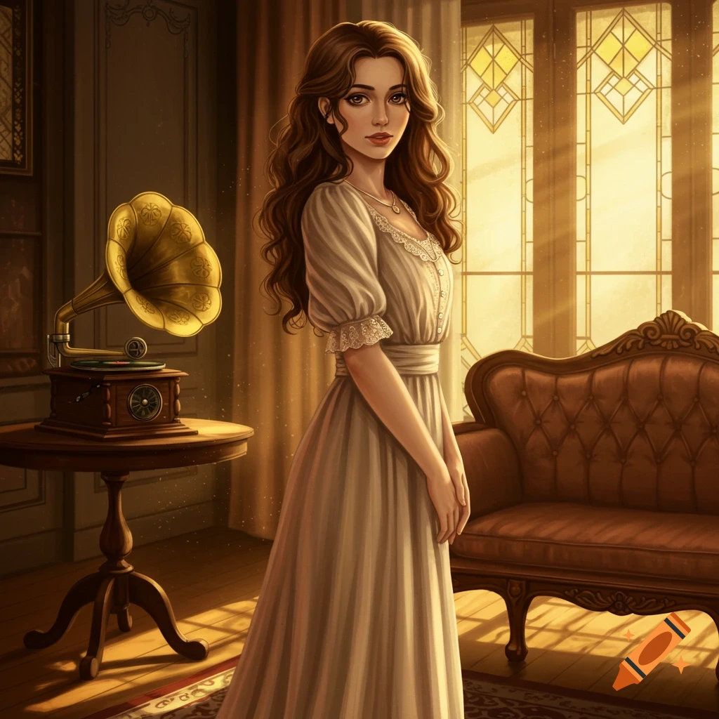 Slender woman with long brown wavy hair in a 1900s dress standing in a sunlit room with a gramophone and antique furniture.