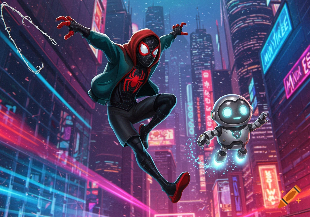 Miles Morales in his black and red suit with a teal hoodie swings through a neon-lit futuristic city, alongside a cute floating white robot with glowing blue eyes.