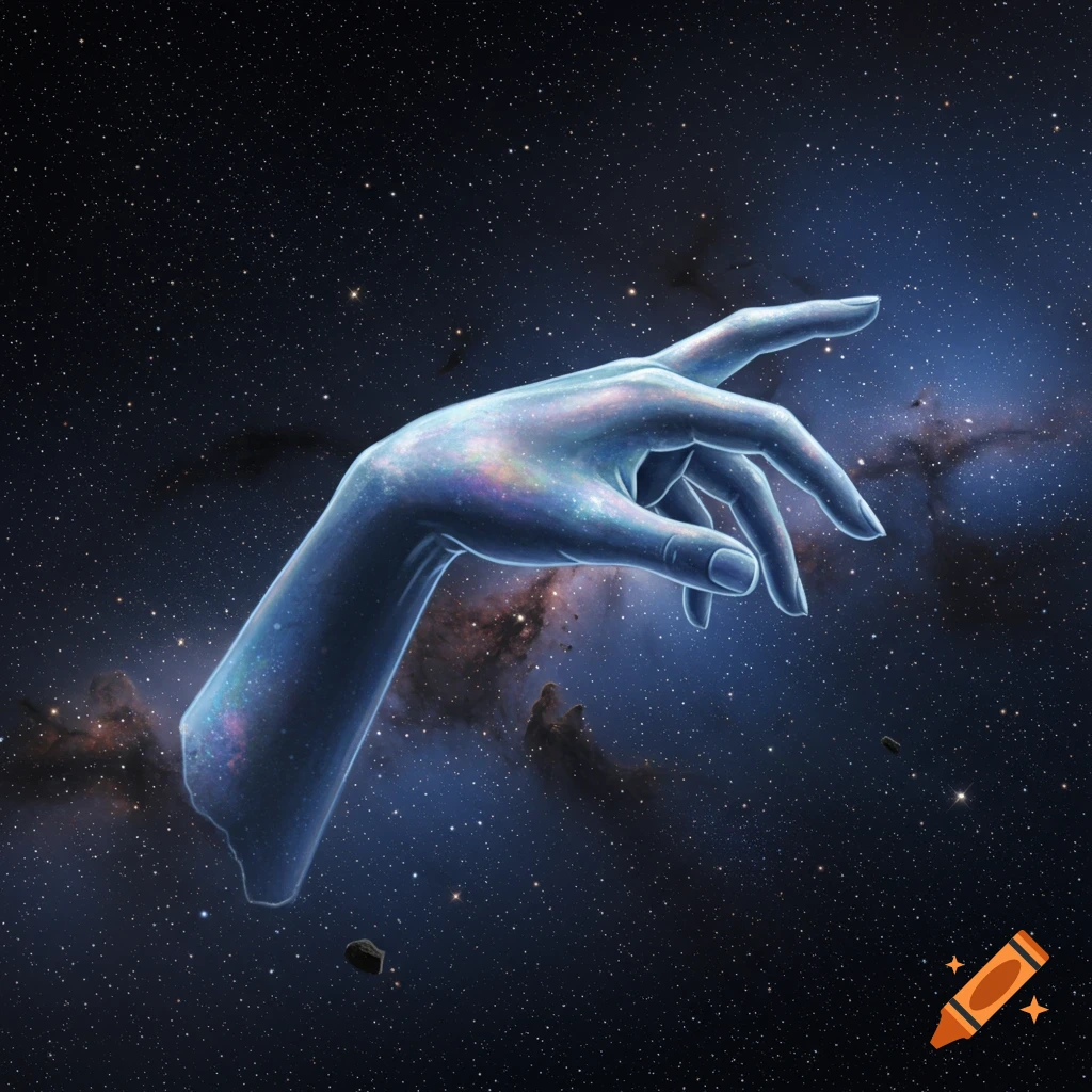 A translucent hand, appearing to be made of stardust and nebulae, floats in deep space among stars.
