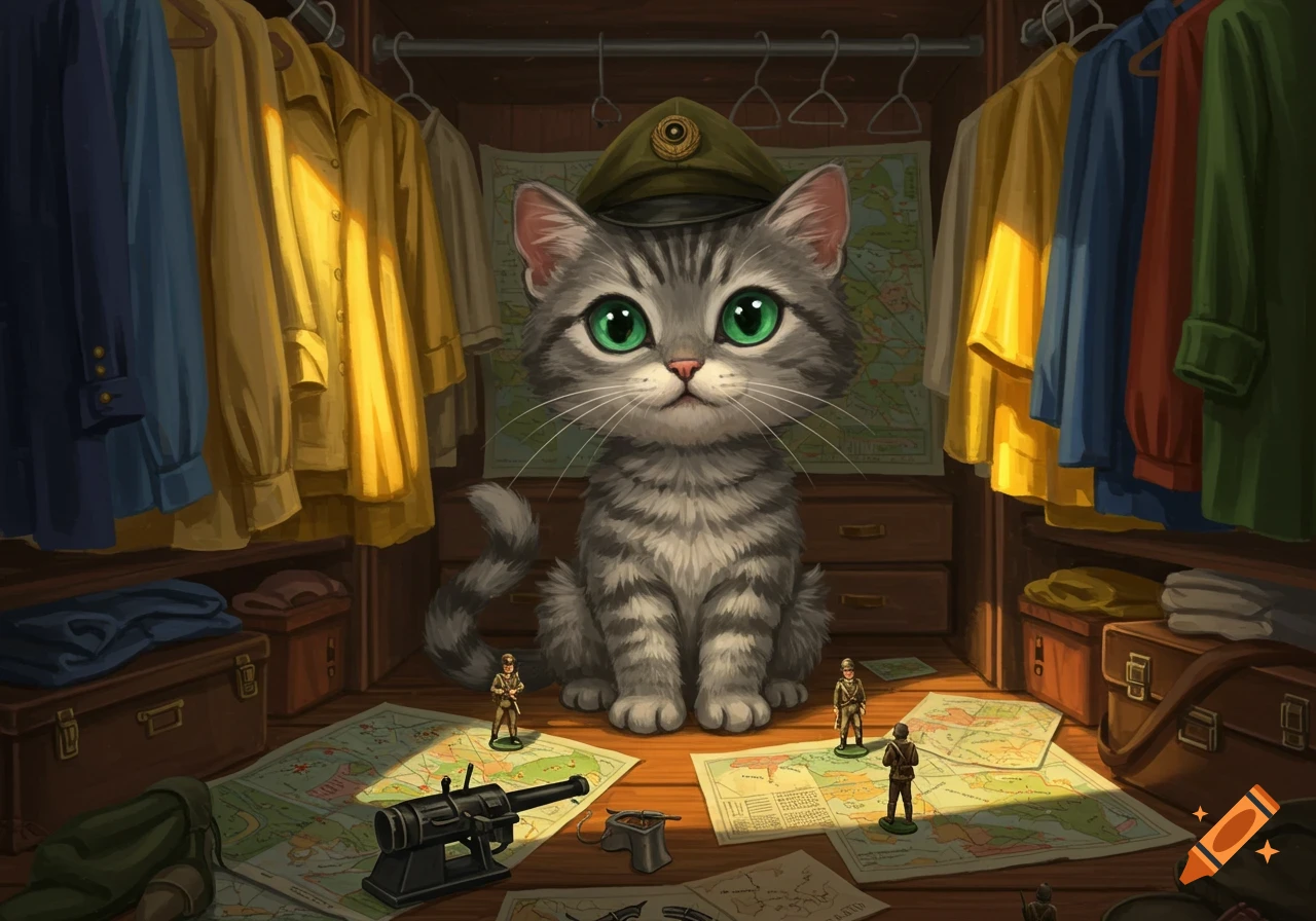 An adorable grey tabby cat wearing a military hat sits in a closet among hanging clothes, surrounded by military maps, tiny soldier figures, and a cannon.
