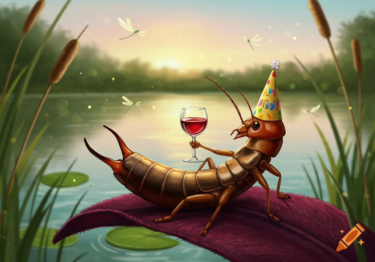 An anthropomorphic earwig wearing a birthday hat, holding a wine glass, reclining on a leaf by a lake at sunset.
