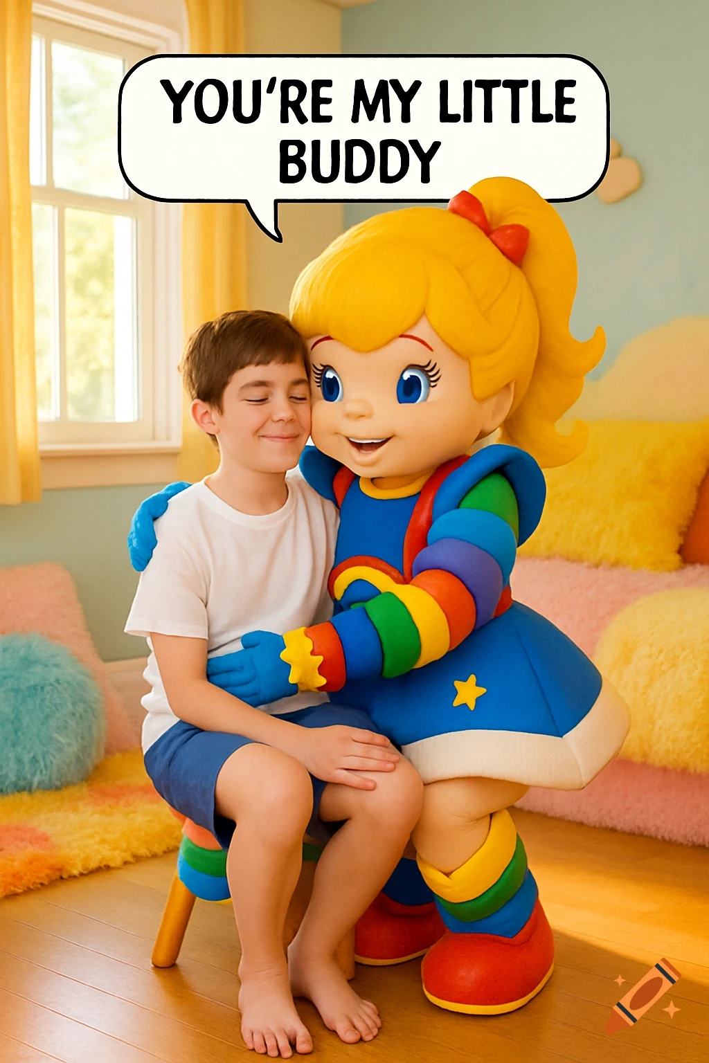 A young boy with closed eyes hugs a Rainbow Brite mascot in a brightly lit room, with a speech bubble above the mascot saying, "YOU'RE MY LITTLE BUDDY."