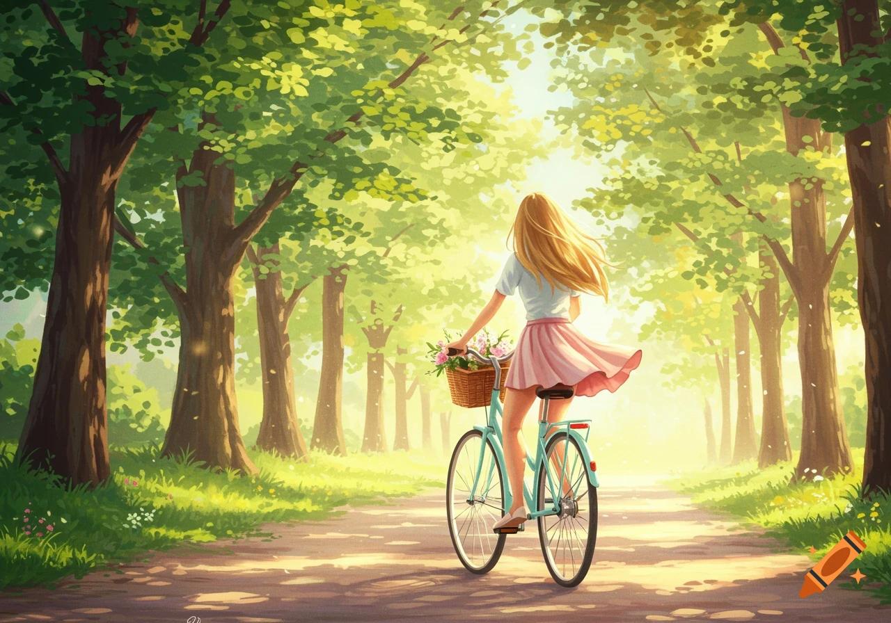 A long-haired woman in a skirt rides a bicycle with a basket of flowers down a sun-dappled path in a lush green forest, in a bright illustration style.