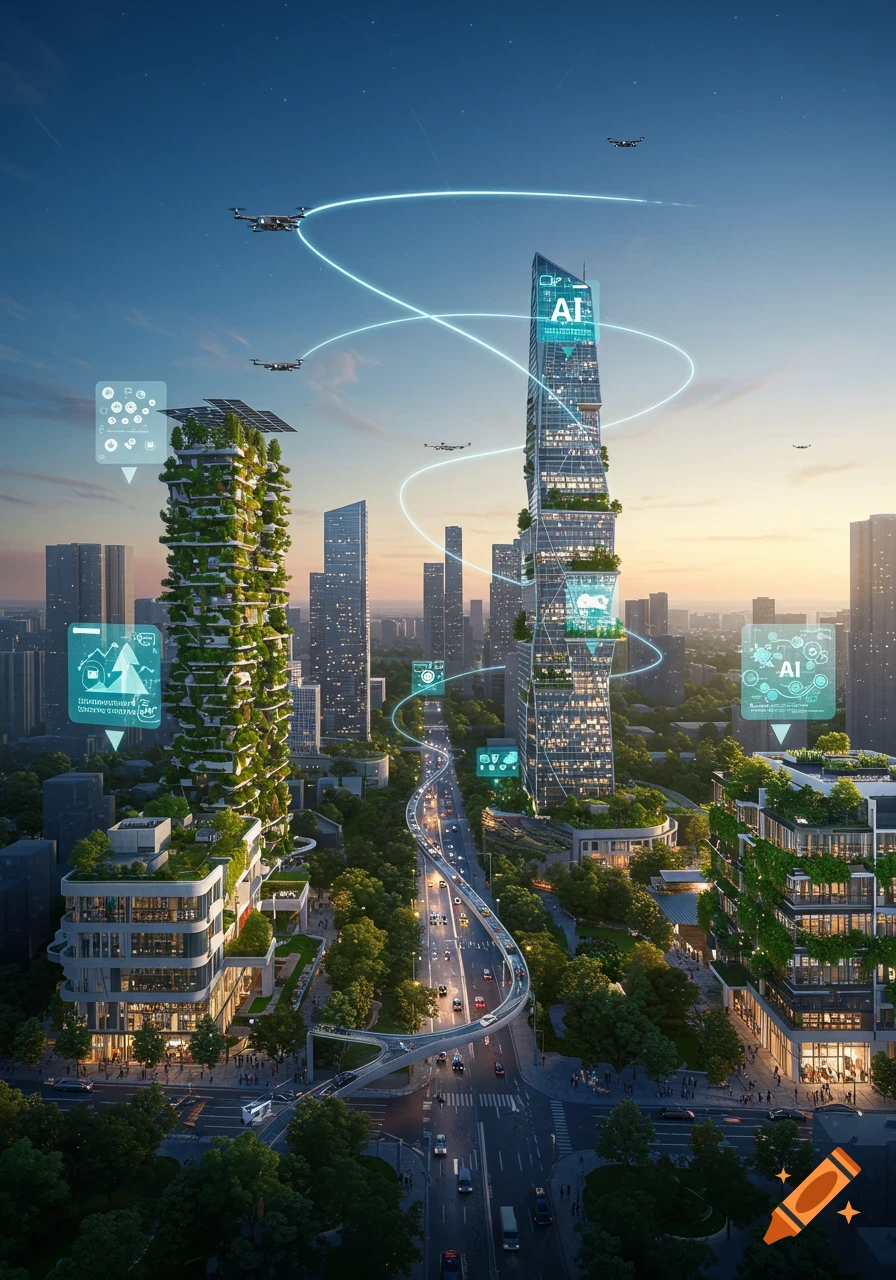 A photorealistic futuristic smart city with green, towering buildings, an elevated highway, and drones flying amidst glowing data lines.