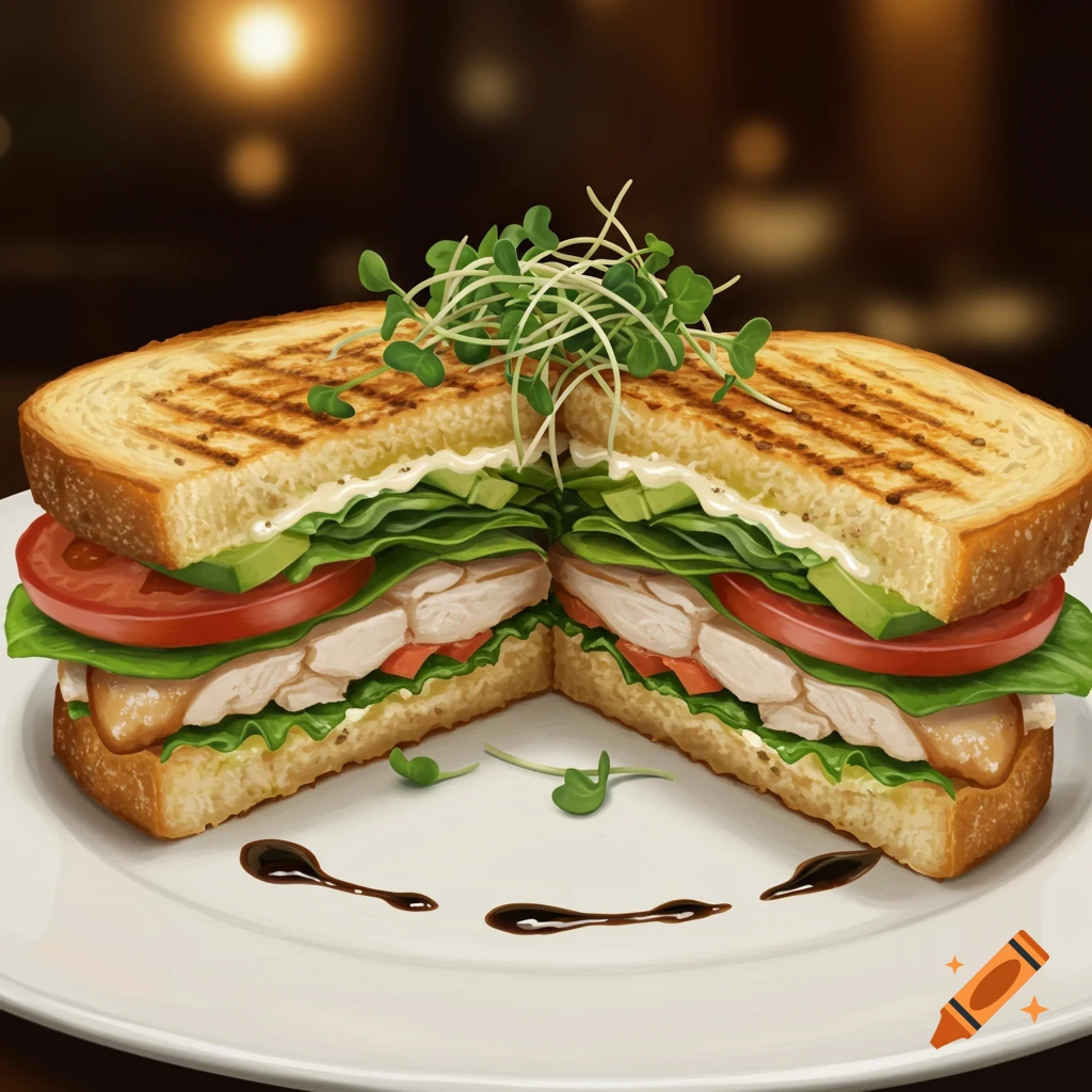 A photorealistic grilled chicken, avocado, tomato, and lettuce sandwich, cut in half and served on a white plate.