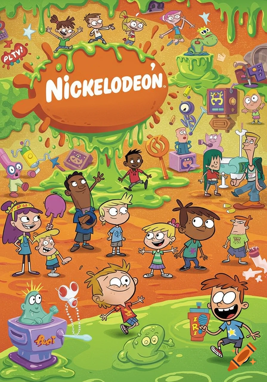 Vibrant cartoon illustration of diverse children and whimsical characters surrounded by green slime, with a large Nickelodeon logo.