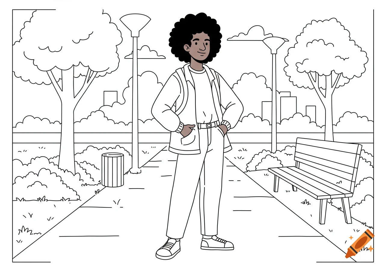 Line art illustration of an African American person with natural hair standing confidently in a park with trees, a path, and a bench.
